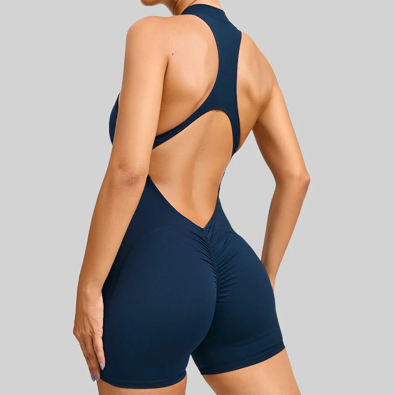 FLONIFY New V Back Scrunch Sports Jumpsuit Women Gym Rompers Sleeveless Sportswear Bodysuits Women Zipper One-Piece Suit Yoga Clothing