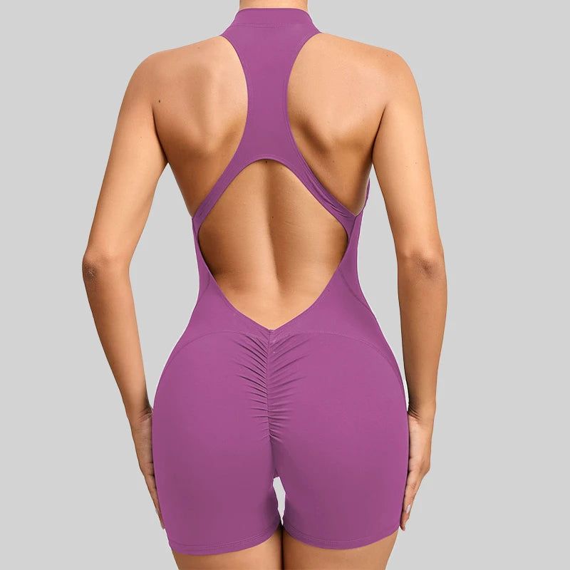 FLONIFY New V Back Scrunch Sports Jumpsuit Women Gym Rompers Sleeveless Sportswear Bodysuits Women Zipper One-Piece Suit Yoga Clothing